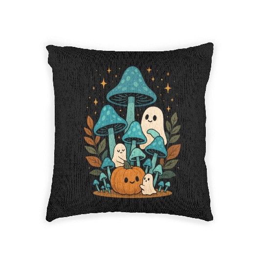 Whimsical Ghost and Mushroom Halloween Scene Woven Pillows
