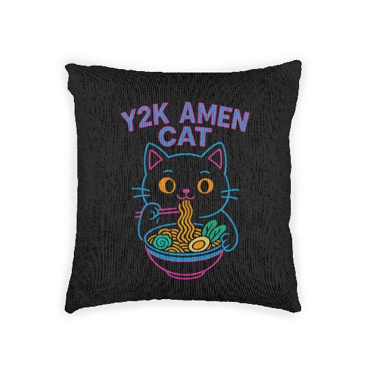 Y2K Ramen Cat – Retro Neon Anime Noodle Lover Desi Woven Pillows