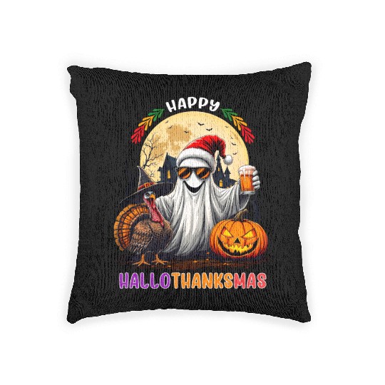 Happy Hallothanksmas Halloween Thanksgiving Xmas Woven Pillows