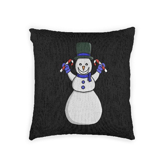 Festive Snowman with Candy Cane and Gloves Woven Pillows
