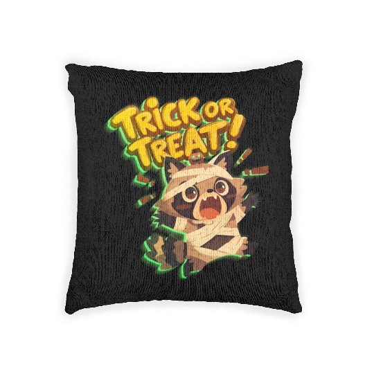 Cute raccoon in mummy costume with Trick or Treat Woven Pillows