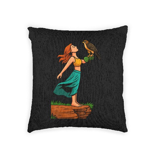 Woman with Hawk on Arm in Nature Scene Woven Pillows
