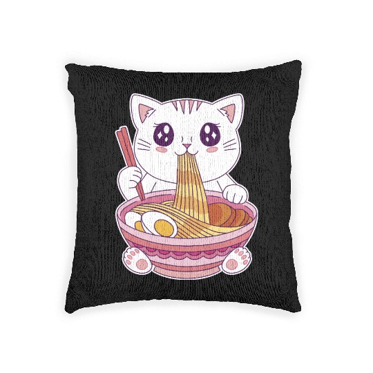 Cute Kawaii Cat Eating Ramen  Woven Pillows