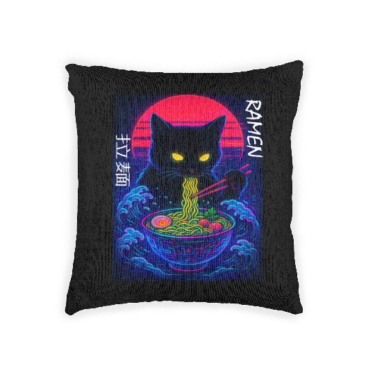 Neon Black Cat Ramen Art Woven Pillows