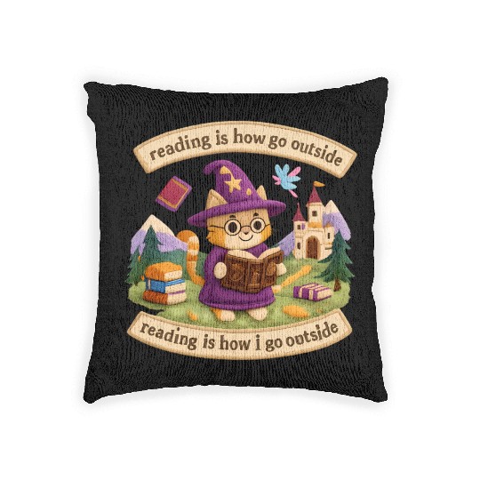Whimsical Cat Wizard Reading Woven Pillows