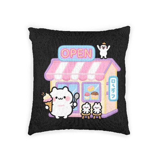 Kawaii Cat Ice Cream Shop Illustration Woven Pillows