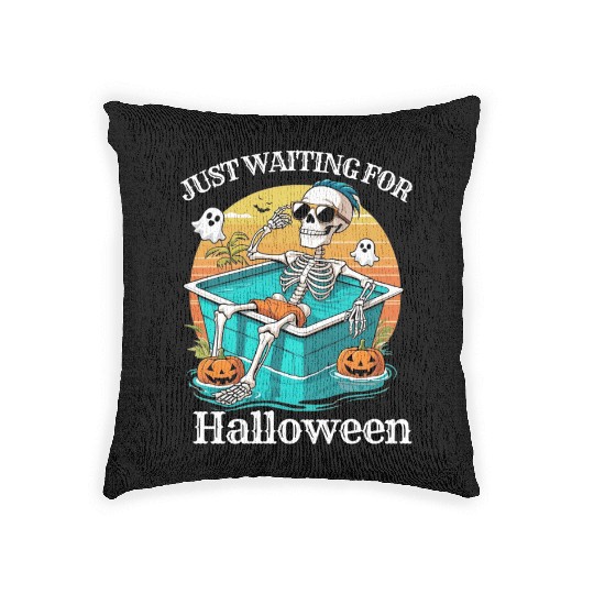 Skeleton Relaxing in Pool Halloween Design Woven Pillows