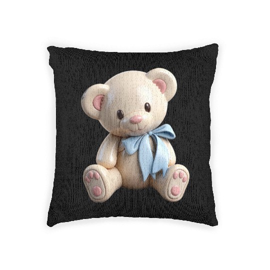 Adorable Teddy Bear with Blue Bow Woven Pillows