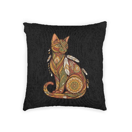 Boho Cat – Mandala Tribal Feather Design Woven Pillows