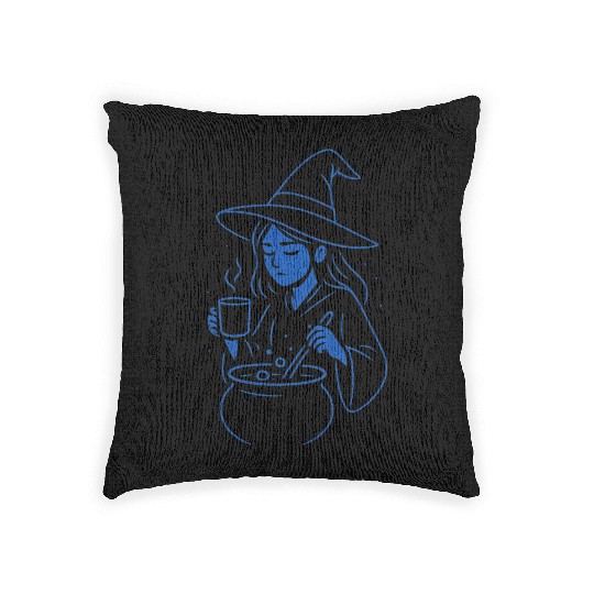 Whimsical Witch Cooking Illustration Woven Pillows