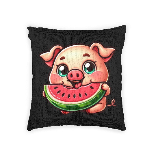 Cute pig with watermelon summer vacation farmer Woven Pillows