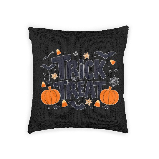 Halloween Pumpkin and Bat Trick or Treat Design Woven Pillows