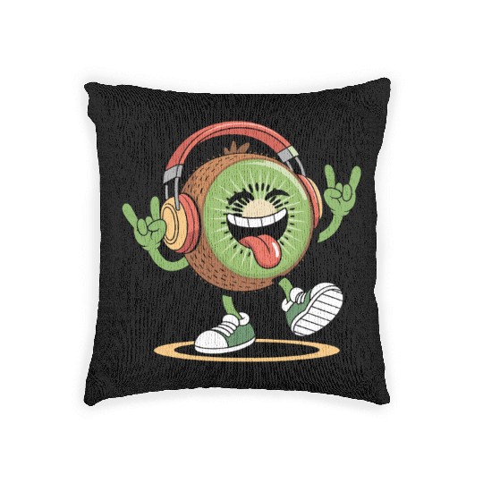 Playful Kiwi Cartoon with Headphones Woven Pillows