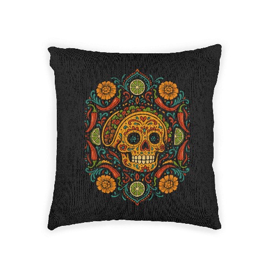 Taco Calavera Vibrant Sugar Skull Mandala Art Woven Pillows