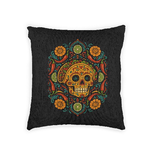 Taco Calavera Vibrant Sugar Skull Mandala Art Woven Pillows