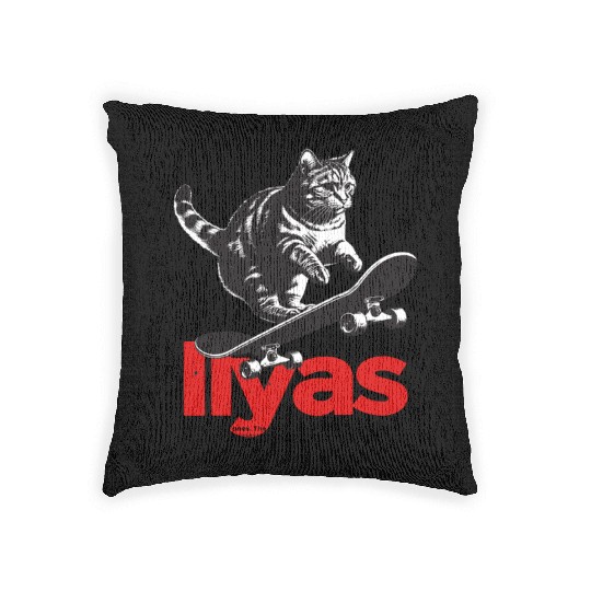 Cool Cat Skateboard with cute Boy Name ILYAS Woven Pillows