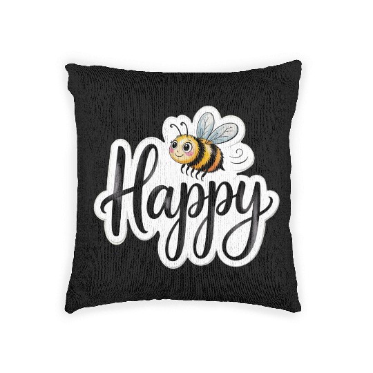 Whimsical Bee and Happy Text Artwork Woven Pillows