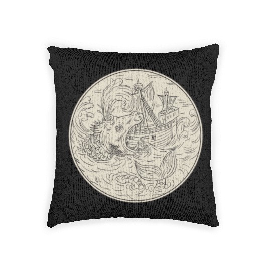 Ancient Sea Monster Attacking Sailing Ship Circle Woven Pillows