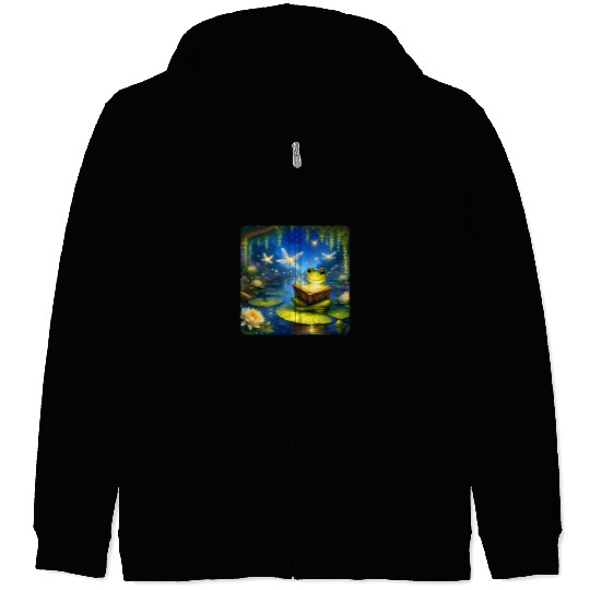 Frog Reading Fairy Tale Book With Fireflies Magical Pond Zip Hoodies