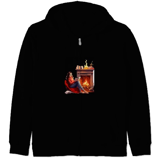 Book Reading In Fireplace Reader Bookworm Girls Women Zip Hoodies