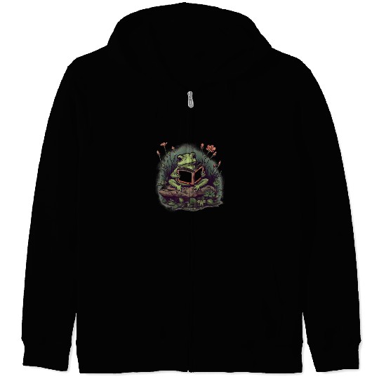 Aesthetic Cottagecore Frog reading book Zip Hoodies