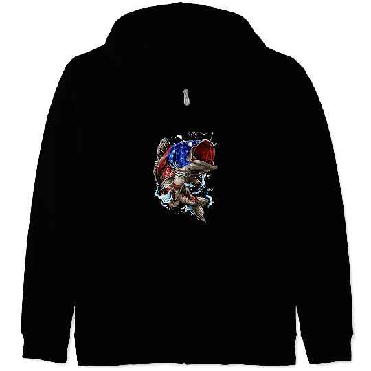 Fishing Bass Fish US American Flag Patriotic Fishing Fisher Zip Hoodies
