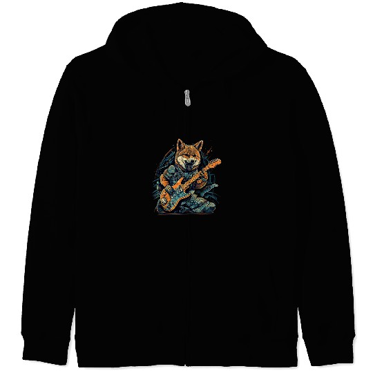 Dog Shiba Inu Electric Guitar Rock Music Black and tan Shiba Inu 1 Zip Hoodies