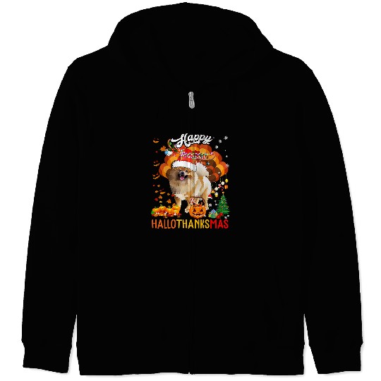 Dog Pomeranian Hallothanksmas Santa Turkey Pumpkin Pomeranian Dog Zip Hoodies
