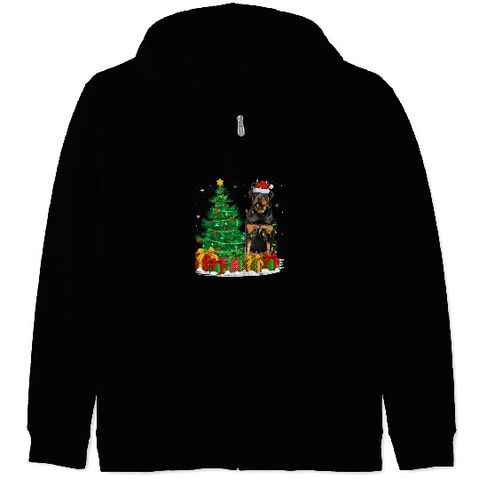 Dog Rottweiler Lighting xmass Tree Santa Rottweiler Dog Christmas Zip Hoodies