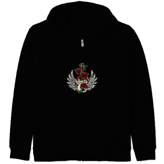 Guitarist Bass Guitar Wings Roses Distressed Rock and Roll Design Guitar Zip Hoodies