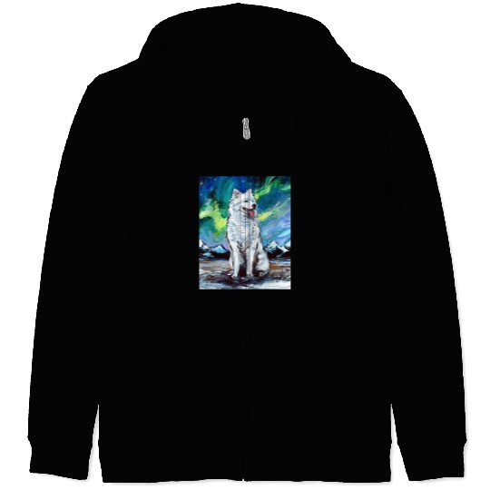 Dog Samoyed Northern Lights Winter Aurora Dog Art by Aja Zip Hoodies