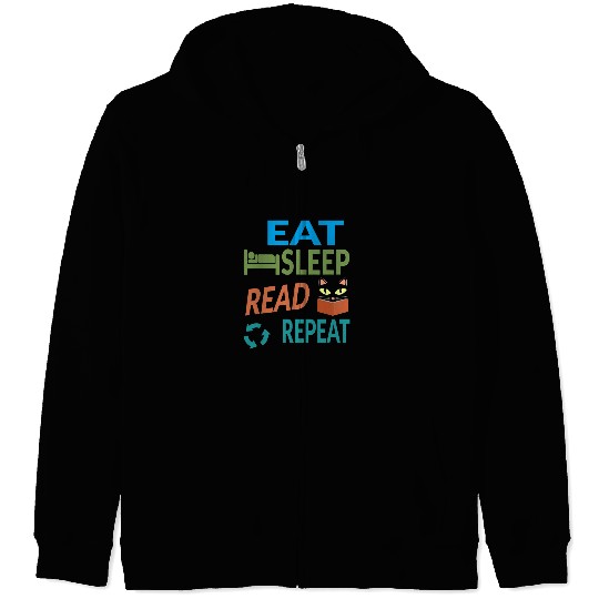 Cute Kitty Cat Face Eat Sleep Read Repeat Zip Hoodies