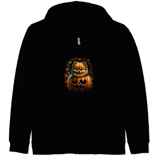 Dog Pomeranian Womens Pumpkin Pomeranian costume on Pomeranian Halloween VNeck Zip Hoodies