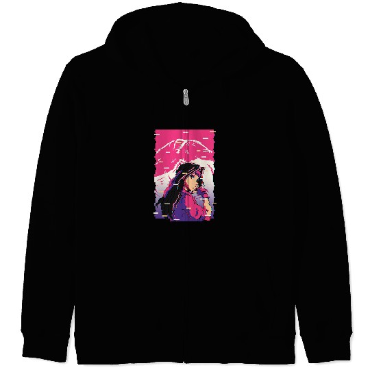Karate Anime Girl Vaporwave Waifu Fujiyama Aesthetic Otaku Zip Hoodies
