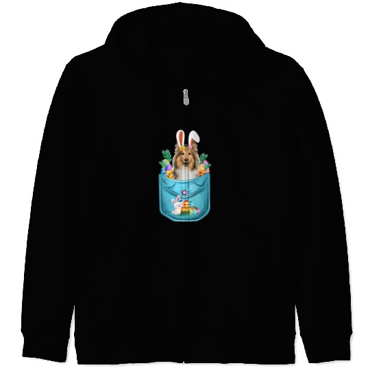 Dog Shetland Bunny Shetland Sheepdog In Pocket Easter Day Eggs Bunny Dog Zip Hoodies