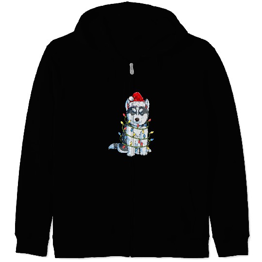 Dog Husky Siberian Husky Santa Christmas Tree Lights xmass 3 Zip Hoodies