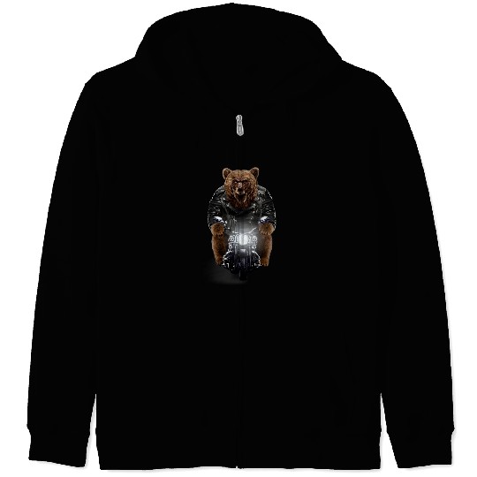 Funny Bear Biker Grizzly Bear Ride Motorcycle in Leather Jacket Cute Bears Zip Hoodies