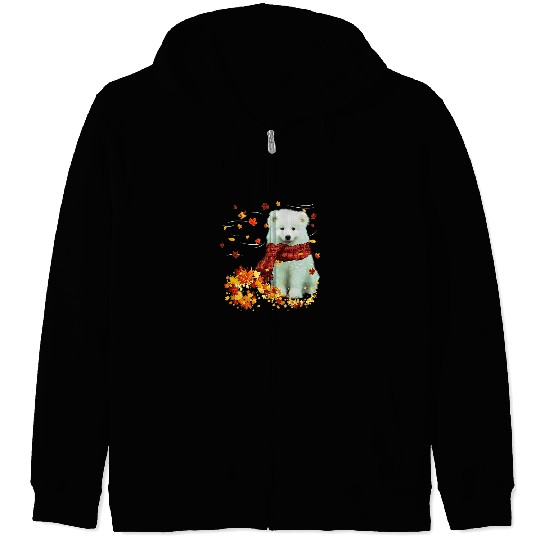 Dog Samoyed Fall Scarf Dogs Autumn Leaves Zip Hoodies