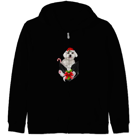 Dog Maltese Santa Hat In Pocket Christmas Dog Lovers Pajama Zip Hoodies