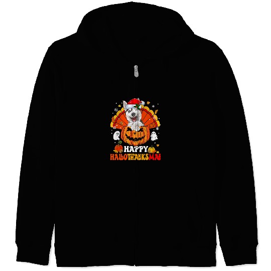 Dog Husky Happy Hallothanksmas Halloween Thanksgiving 13 Zip Hoodies