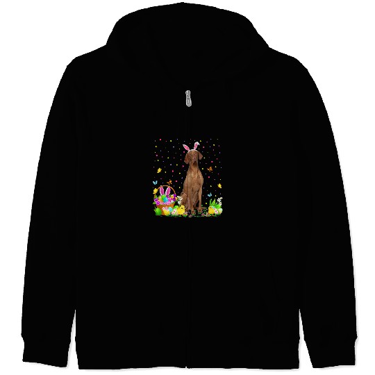 Dog Vizsla Easter Vizsla Dog Bunny Egg Hunting Vizsla Easter Sunday Zip Hoodies