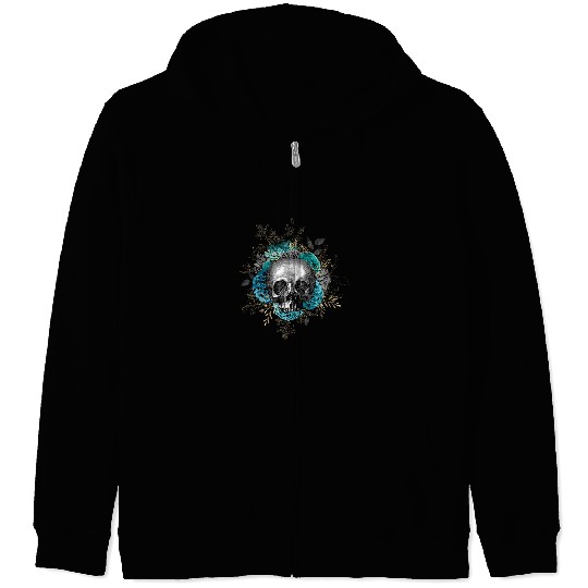 Floral sugar skull with turquoise flowers Art Design No 4 Zip Hoodies