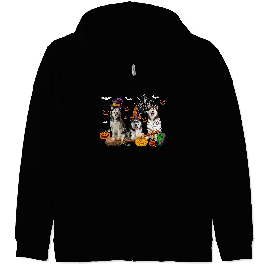 Dog Husky Three Husky Dogs Witch Halloween Mummy Scary Pumpkins Kids Zip Hoodies