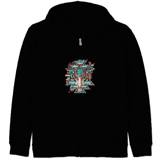 Boho Serape Turquoise Aztec Cow Bull Skull Western Cowgirl Zip Hoodies
