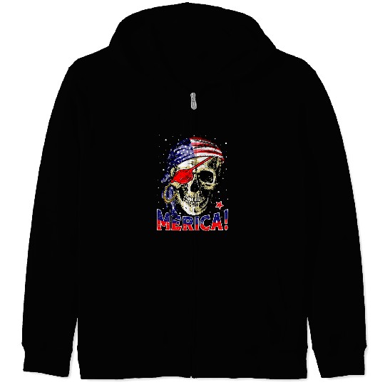 American Flag Pirate Skull 4th Of July Men Women Merica Zip Hoodies