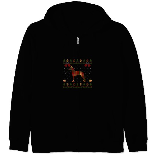 Dog Great Dane Red Plaid Dog Ugly Christmas Sweater Dogs XMas Zip Hoodies