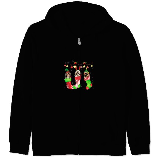 Shih Tzu Dog Christmas In Socks Lights Santa Hat xmass Outfit Zip Hoodies