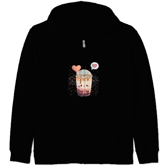 Kawaii Boba Tea For Valentines Day Bubble Tea With Hearts 8 Zip Hoodies