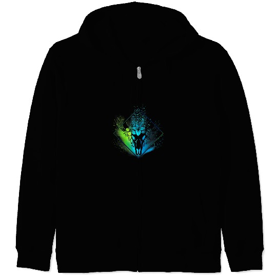 Boho Cow Skull Flowers Diamond Green and Blue Splatter Zip Hoodies