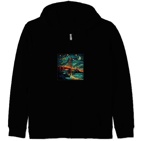 Surrealism Starry Night Golden Gate Bridge Zip Hoodies